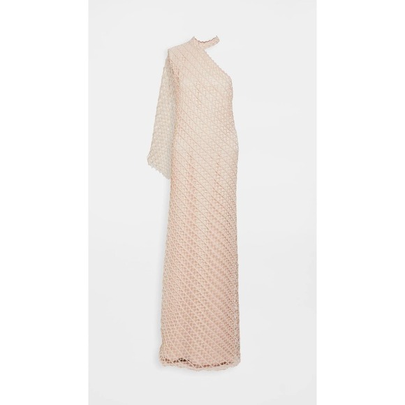 Sandra Mansour Cream Crochet Net One Shoulder Asymmetric Maxi Dress - Picture 2 of 12